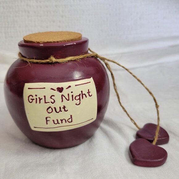 Girl's Night Out Fund Jar savings bank w/cork lid Plum w/hearts ceramic GUC - Picture 1 of 8